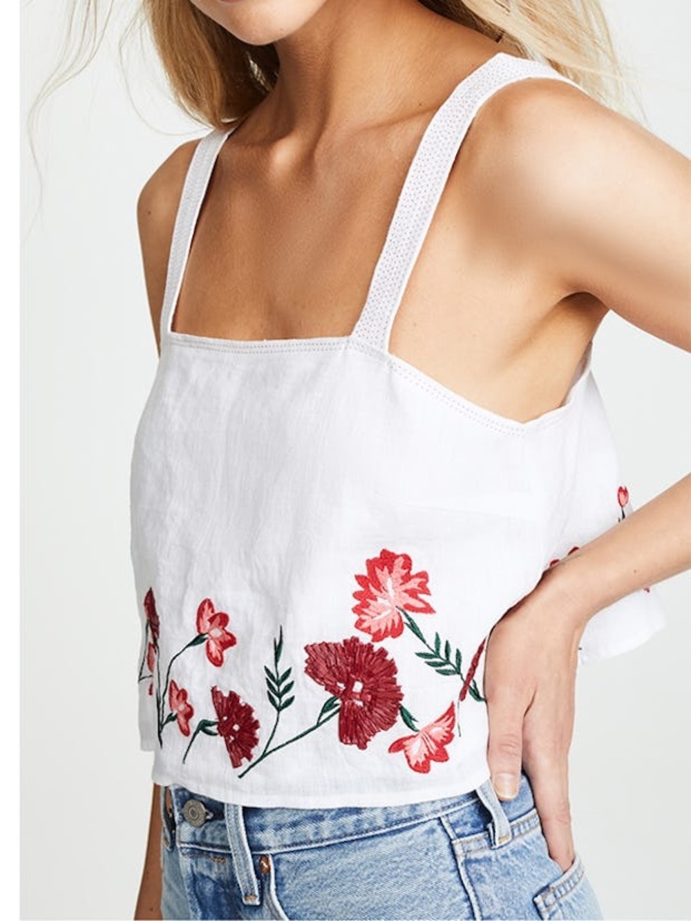 Club Monaco White Floral Embroidered Square-Neck Tank Top medium linen cotton